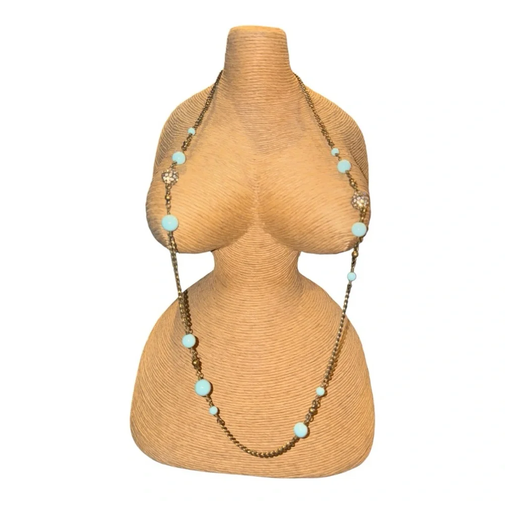 J. Crew Necklace Beaded Station Rhinestone Light Blue Antique Gold Tone 32” JB1